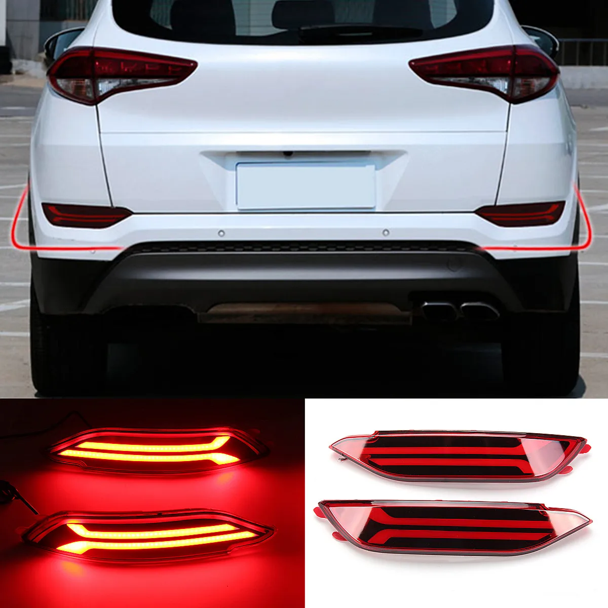 

2Pcs for Hyundai Tucson LED Rear Bumper Reflector DRL Fog Driving Brake Lights High Temperature Resistant ABS+LED Lamp Beads