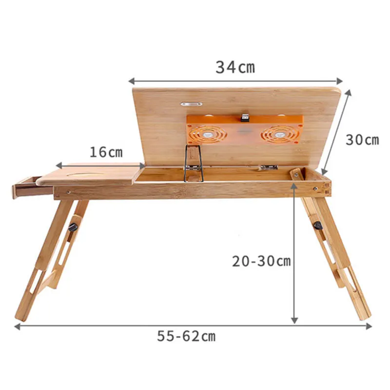 للطي المحمولة الخيزران طاولة كمبيوتر محمول قابل للتعديل سرير حامل دفاتر الملاحظات مكتب مع مزدوجة التبريد مروحة مع درج 50*30 CM