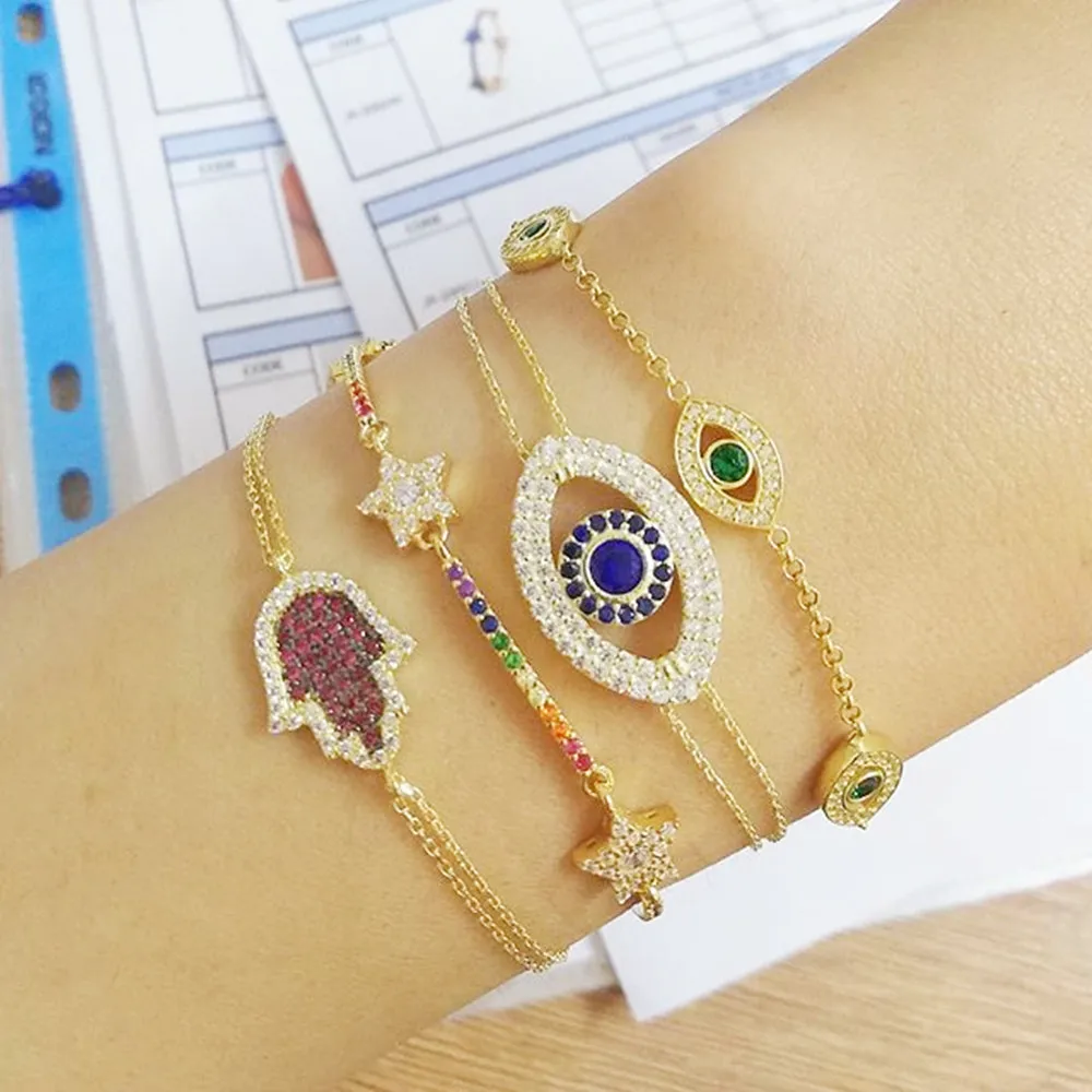 

fashion rainbow cz paved multi star charm bracelet with gold color silver women lady wedding bracelet styles jewelry gift