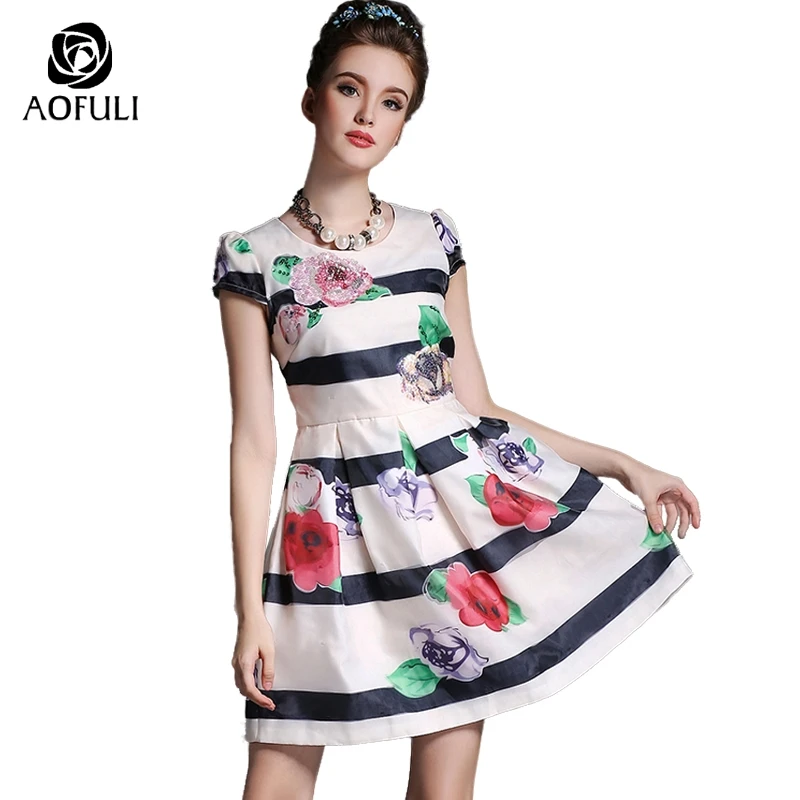 S XL XXL Women Flower & Stripe Printing Dress Summer Fashion Brand