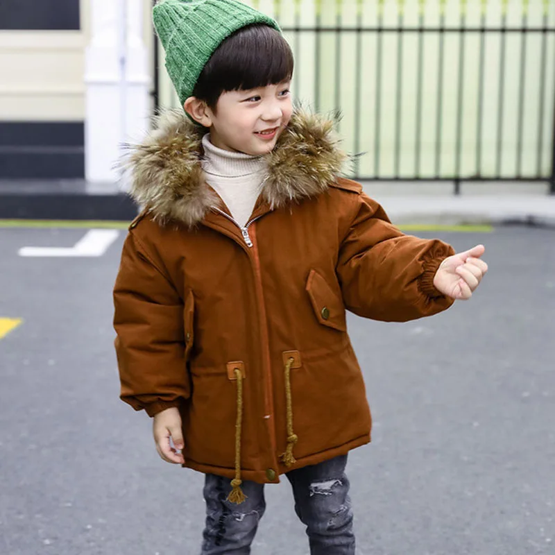 New Boys Winter Coat Fur Collar Hooded Children Parka Thick Warm Baby