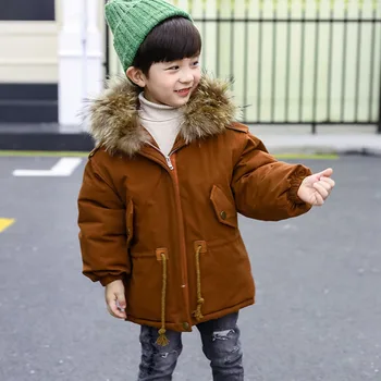 

New Boys Winter Coat Fur Collar Hooded Children Parka Thick Warm Baby Boys Outerwear Jacket BC420