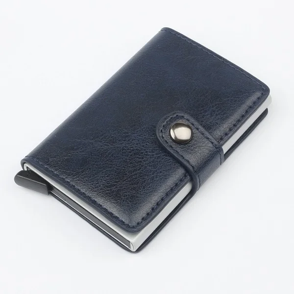 New Fashion Anti RFID Blocking Men's Credit Card Holder Leather Small Wallet ID Bank Card Case Metal Protection Purse For Women - Color: dark blue