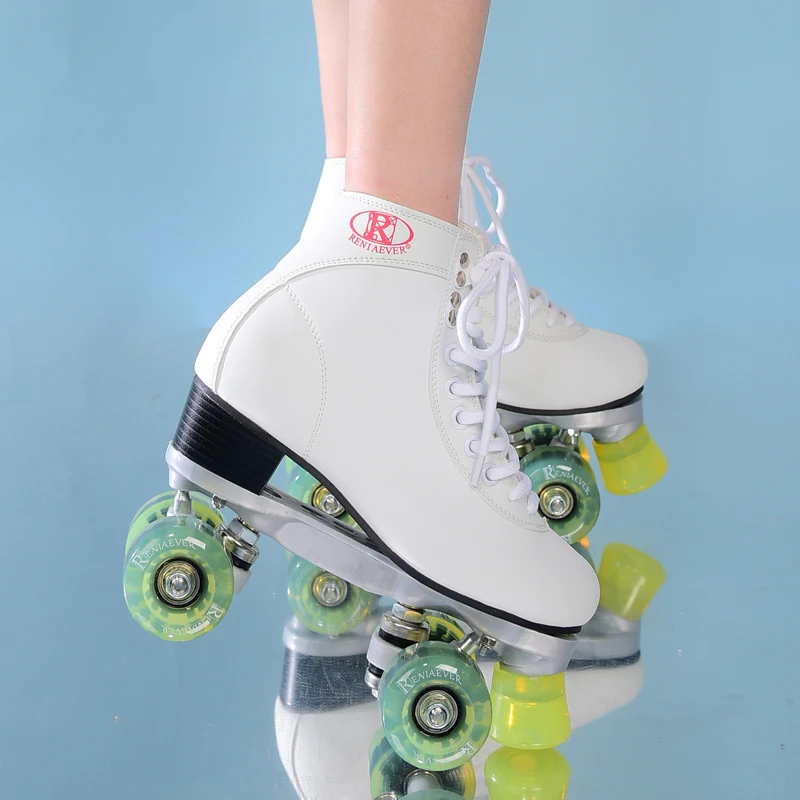  Roller skates Classic White and Green Flash LED Wheels High-Top Quad Roller skating Free Shipping - 33013983099