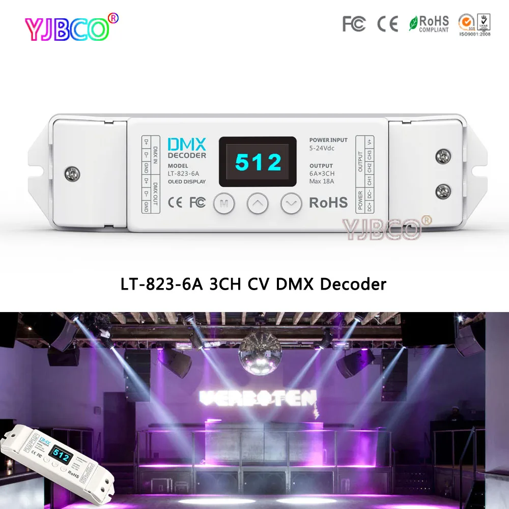 

LT-823-6A CV DMX Decoder DC5-24V input;6A*3CH output;Input signal DMX512 (8bit / 16bit) 3CH led controller for led lights