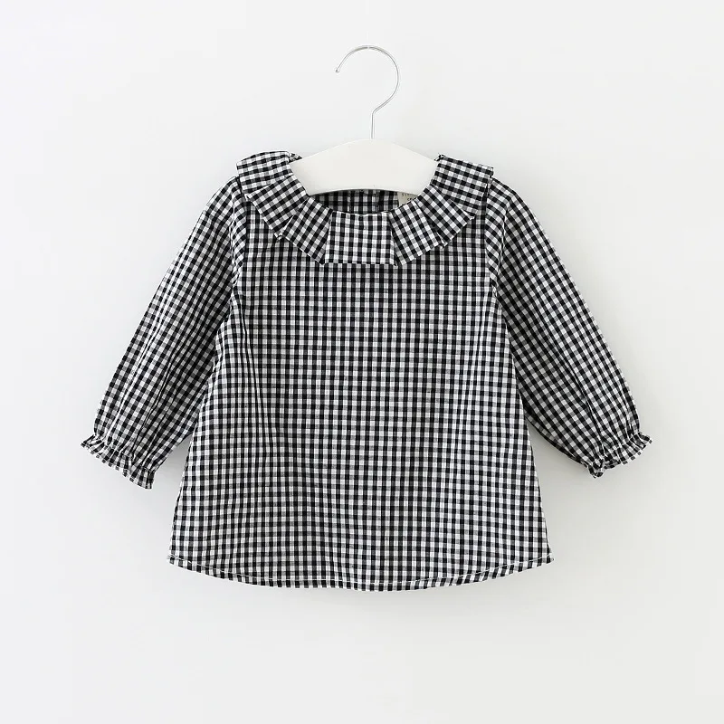 

2016 spring new baby girls plaid blouses kids cotton linen tshirts kids lace O-neck shirts girls casual cute long sleeve clothes
