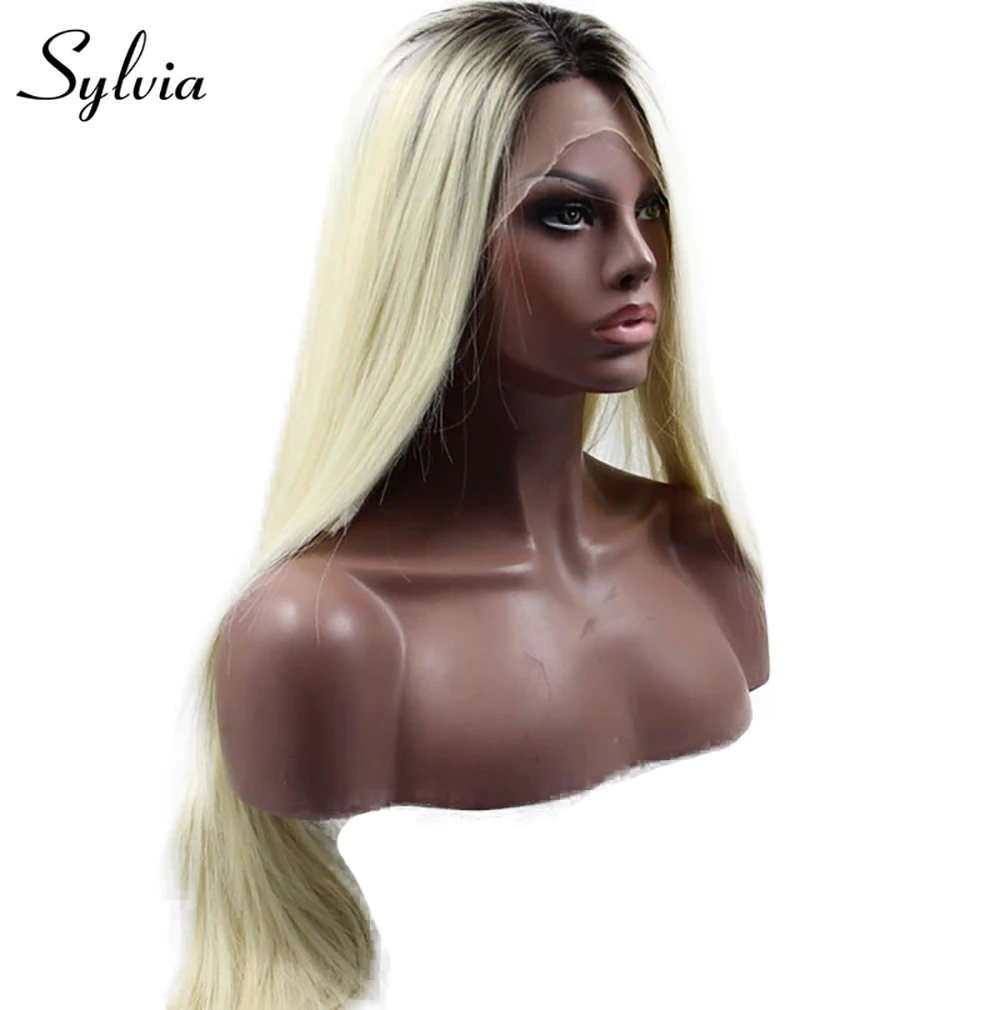 Beste Sylvia 613 # zijdeachtige rechte synthetische lace front pruiken met donkere wortels natuurlijke blonde ombre hittebestendige vezel met midden deel