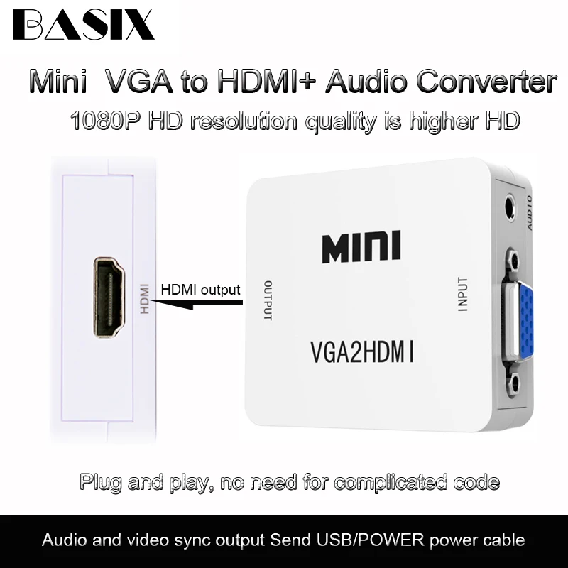 

Basix Mini 1080P VGA to HDMI adapter Converter VGA2HDMI Converter with Audio for PC Laptop to HDTV Projector