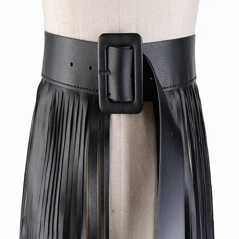 2019 Long tassel Boho Fringe wide belt ladies personality leather black