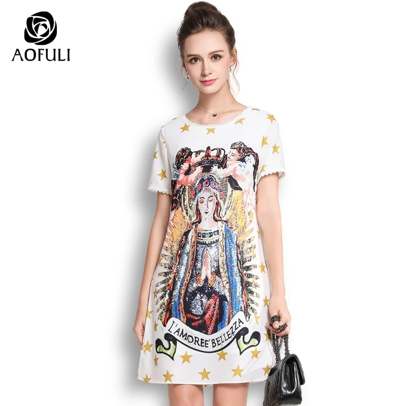

L- 3XL 4XL 5XL Plus Size Printed Summer Dress Female Short Sleeve Stars Pattern Knee-length Dress White AOFULI A3632