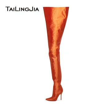

Women Pointed Toe Over The Knee High Boots Ladies Slip On High Heel Bright Orange Black Pink Purple Satin Waist High Boots 2017