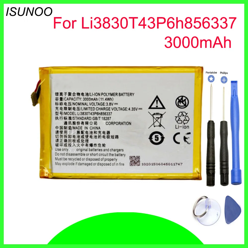

ISUNOO Battery For ZTE Blade S6 Lux Q7/-C G719C N939St Li3830T43P6h856337 3000mah Li-ion battery with tools