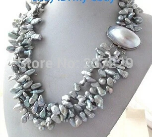 

HOT## Wholesale price FREE SHIPPING ^^3Strands Gray Petal Keshi Keishi Pearl Necklace Mabe Clasp