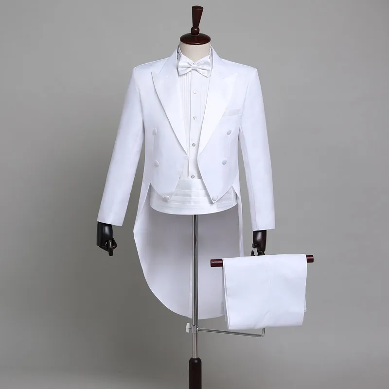 Смокинг Платье XS-XL мужчин классический черный блестящий лацкан хвост пальто смокинг Свадебный Жених сценический певец 2 шт костюмы платье пальто хвосты - Цвет: White suit