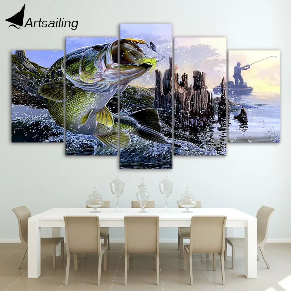 

Canvas Paintings Printed 5 Pieces largemouth bass fishing Wall Art Canvas Pictures For Living Room Bedroom Home Decor CU-1363A