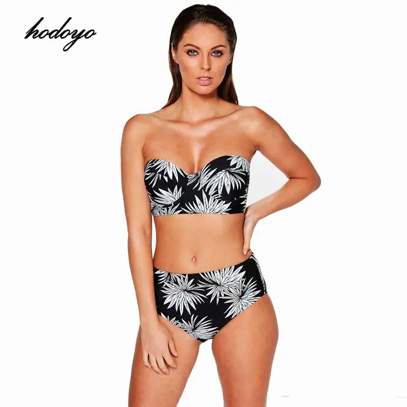 Hodoyo 2017 Women Swimwear Sexy Bikini Set Black Print Floral Mid Waist Wireless Sets Strapless Sheathy |
