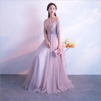 

bridesmaid dresses Elegant Beading Embroidery long wedding party dress Plus sizes Boat neck Half Sleeves Tulle Robe Soiree