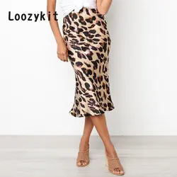 LOOZYKIT летние атласные юбки для женщин высокая талия уличная с леопардовым принтом Макси юбка карманов для faldas mujer moda 2019