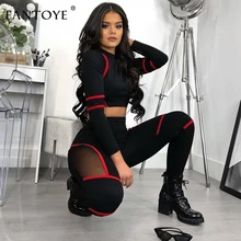 Fantoye Красный Полосатый высокий эластичный комплект из двух предметов спортивный костюм сексуальный О-образный вырез длинный рукав Высокая талия облегающий Женский Повседневный Спортивный костюм