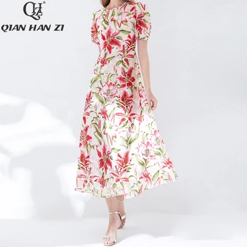 

Qian Han Zi 2019 Designer Fashion Summer Maxi Dress Women's Short Sleeve Elegant Lily Flower Print Jacquard Sweet Long Dress