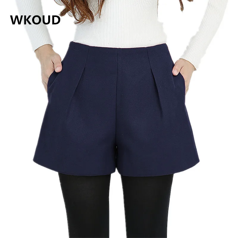 

WKOUD Plus Size Women Shorts Candy Colors Woolen Shorts Zip Up Harem Short Pants With Pockets Female Casual Wear DK6034