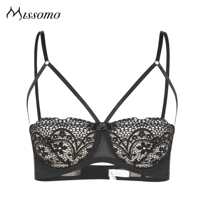 Missomo Women Silk Sexy Modis Lace Cross Hot Mesh Bra Bralette Transparent Erotic Brassiere Plus Size Soft Lingerie Underwear