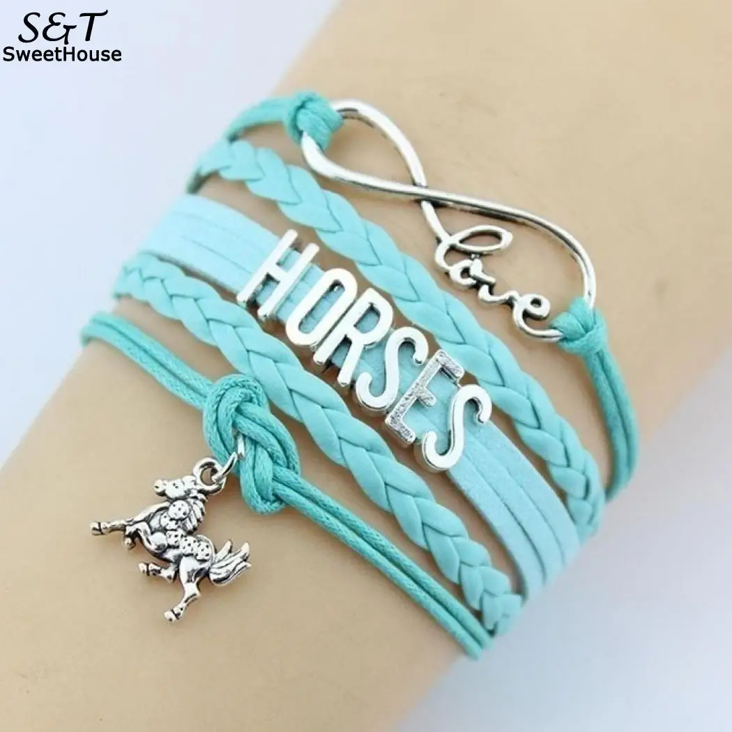 

Fashion Casual Multi-layer Braided Rope Chain Horse Pendant Charm Bracelet Toggle-clasp Decoration Letter