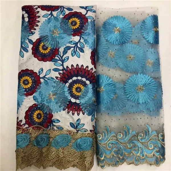 

Wonderful embroidery African batik wax cord lace fabric(6y) with French net lace fabric(2y) for dress WNL41