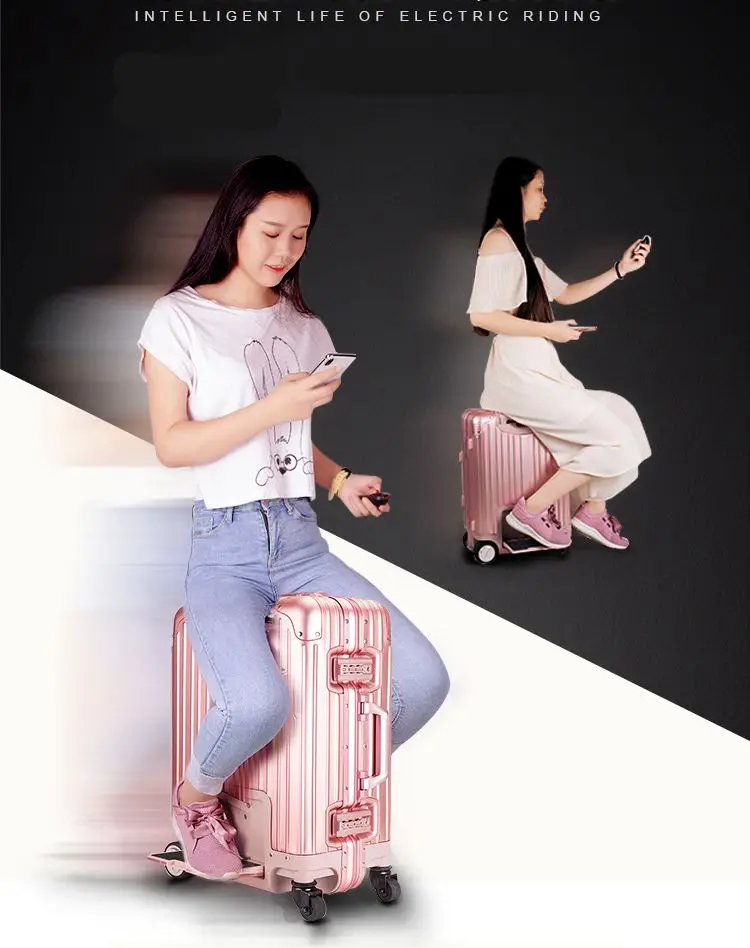 

Electric Riding Trolley smart Travel Suitcase.Luxurious Intelligent Carry on AI Robot Luggage foldable boarding bag. ride trunk