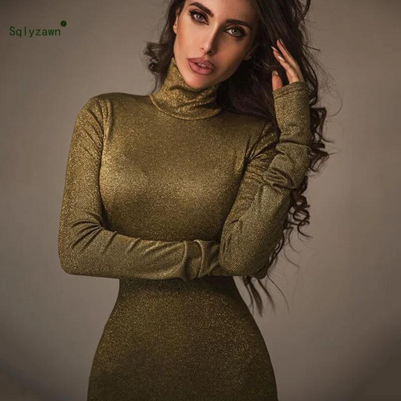 

2019 Women Turtleneck Dress Silver Wire Sexy Party Dress Women Casual Long Sleeve Bodycon Dress Green Basic Slim Bodycon Dress