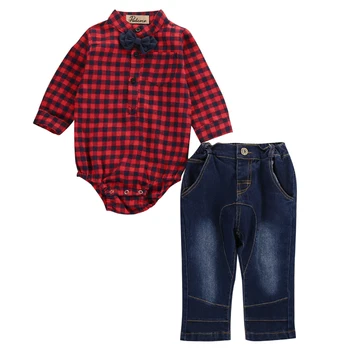 

US STOCK Kids Baby Boy printed plaid long sleeve Bodysuit Jumpsuit Tops and long Jeans Pants Outfits Clothes Set for baby boys