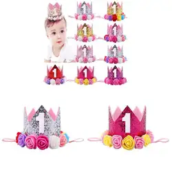 Лидер продаж для девочек Декор ко дню рождения с цветочным рисунком вечерние Корона повязка на голову, платье принцессы вечерние шляпа