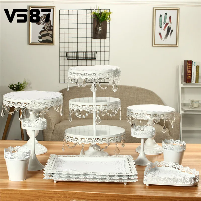 

8Pcs/Set Crystal Metal Cake Stand Dessert Serving Rack Cupcake Holder Display Stands Party Birthday Wedding Decor White/Gold