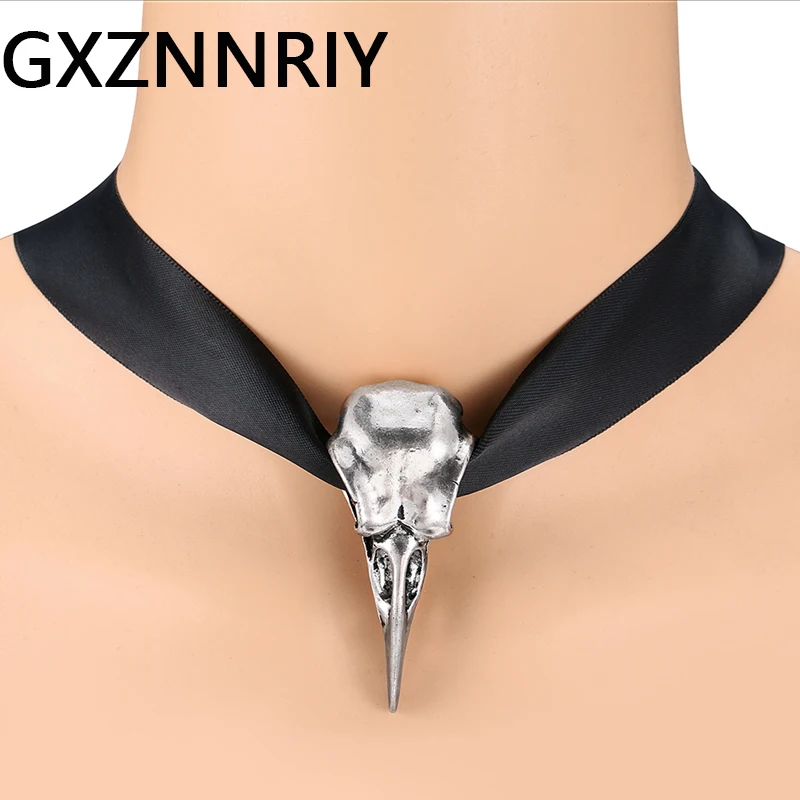 

Gothic Black Ribbon Choker Necklace Women Antique Silver Raven Skull Bird Pendant Necklaces for Women Fashion Jewelry Gifts