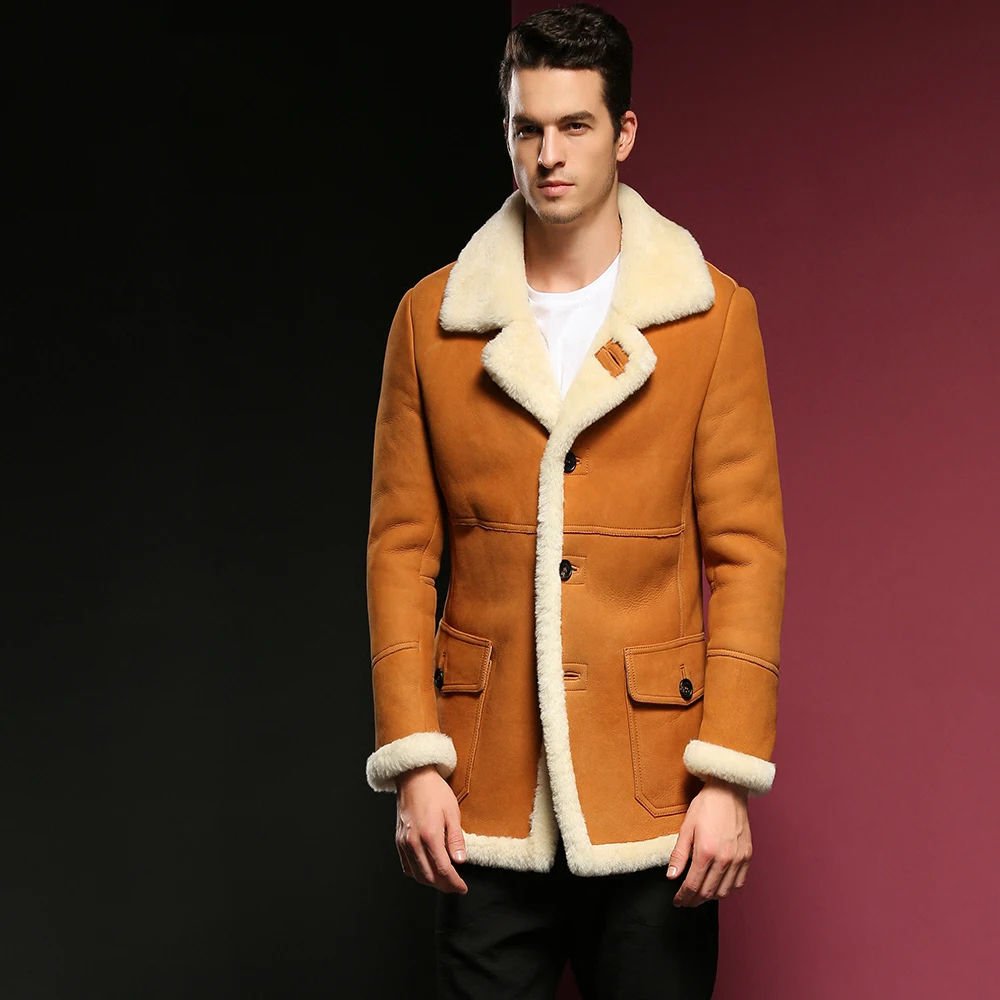 Men's B3 Shearling Jacket Long Style Men's Fur Coat Men's Winter Brown Warm Jacket Genuine