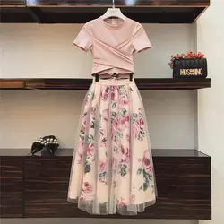 2018 г. летняя новая модная Женская Асимметричная футболка с перекрестным бантом + винтажная юбка с цветочным принтом, комплект из двух