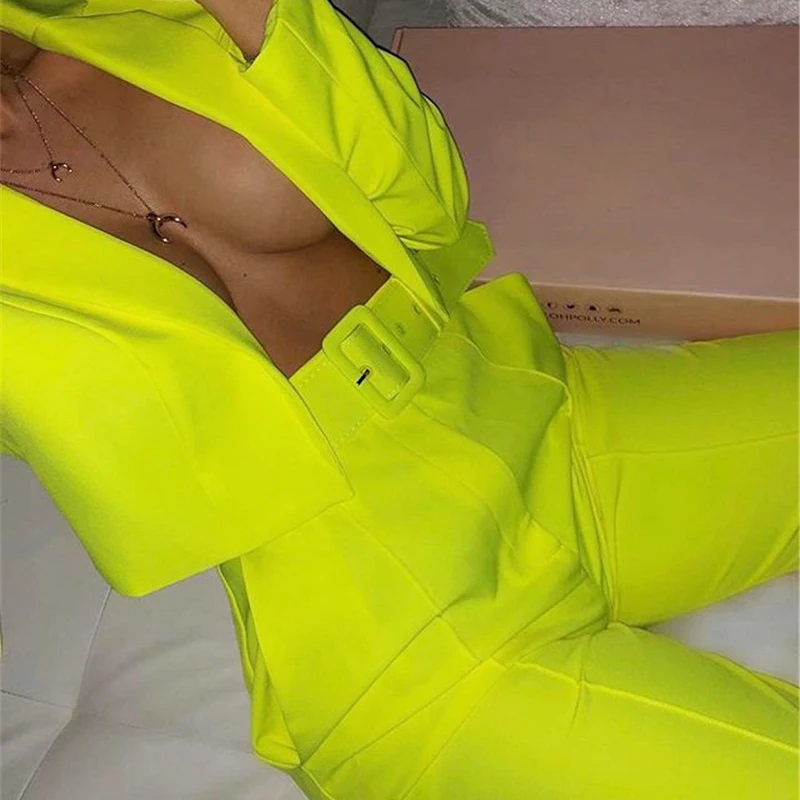 

PFFLOOK Summer Neon Green jumpsuit Women 2019 Long Sleeve Suit Crop Top Casual Women Blet Tracksuit Top And Pants Set Lady