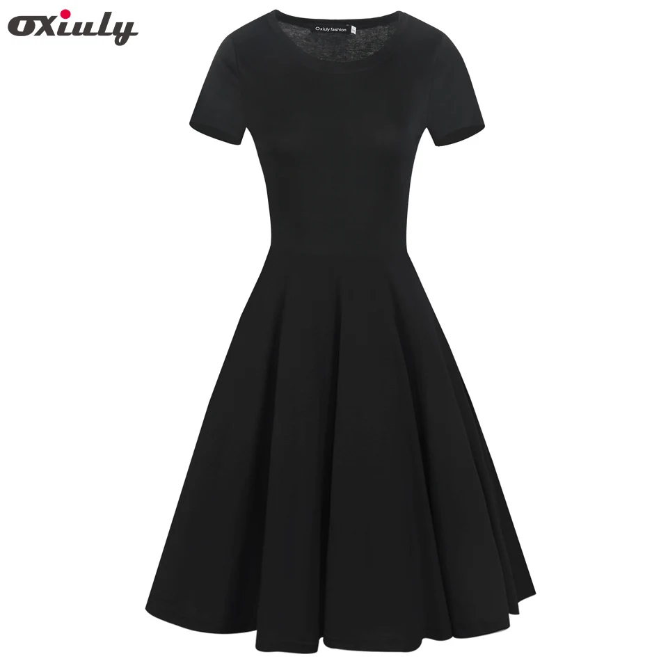 

Oxiuly Women Elegant Formal Work Office Business Pleated A-line Dress Classic Flare Black Dress