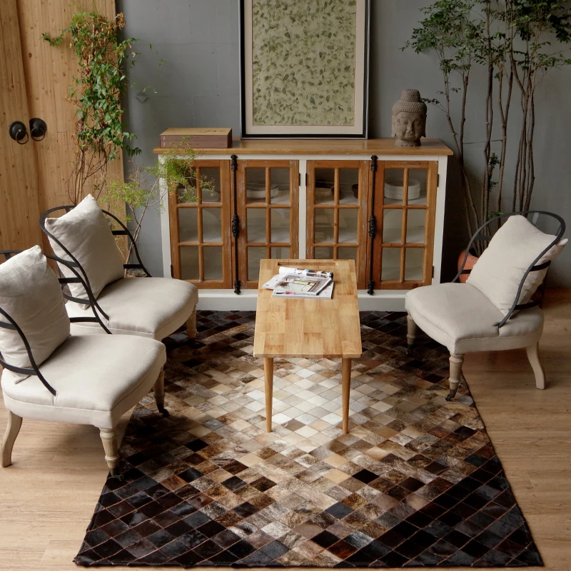 US $145.00 Highquality Cowhide Patchwork Rug leather geometric mosaic rugs living room entrance hall stitching cow fur carpet