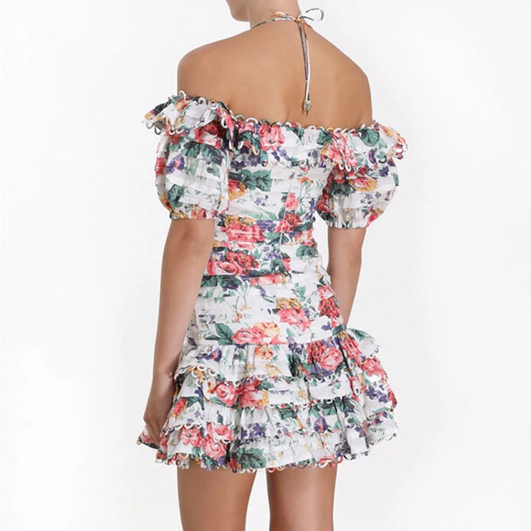 Новое Стильное дизайнерское платье для женщин с вырезом лодочкой с открытыми плечами очаровательное Цветочное платье с ниспадающими оборками