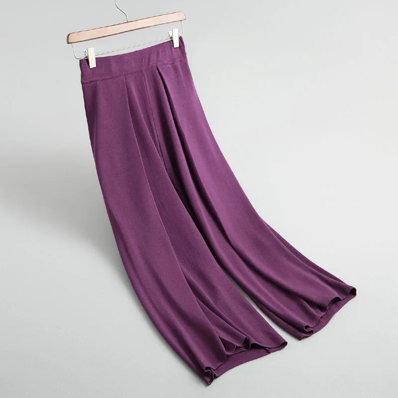 

J190 New Women Brief Elastic Waist Front Pleated Wide Leg Sweater Pants Ladies Elegant Match All Knitted Trousers Bottoms
