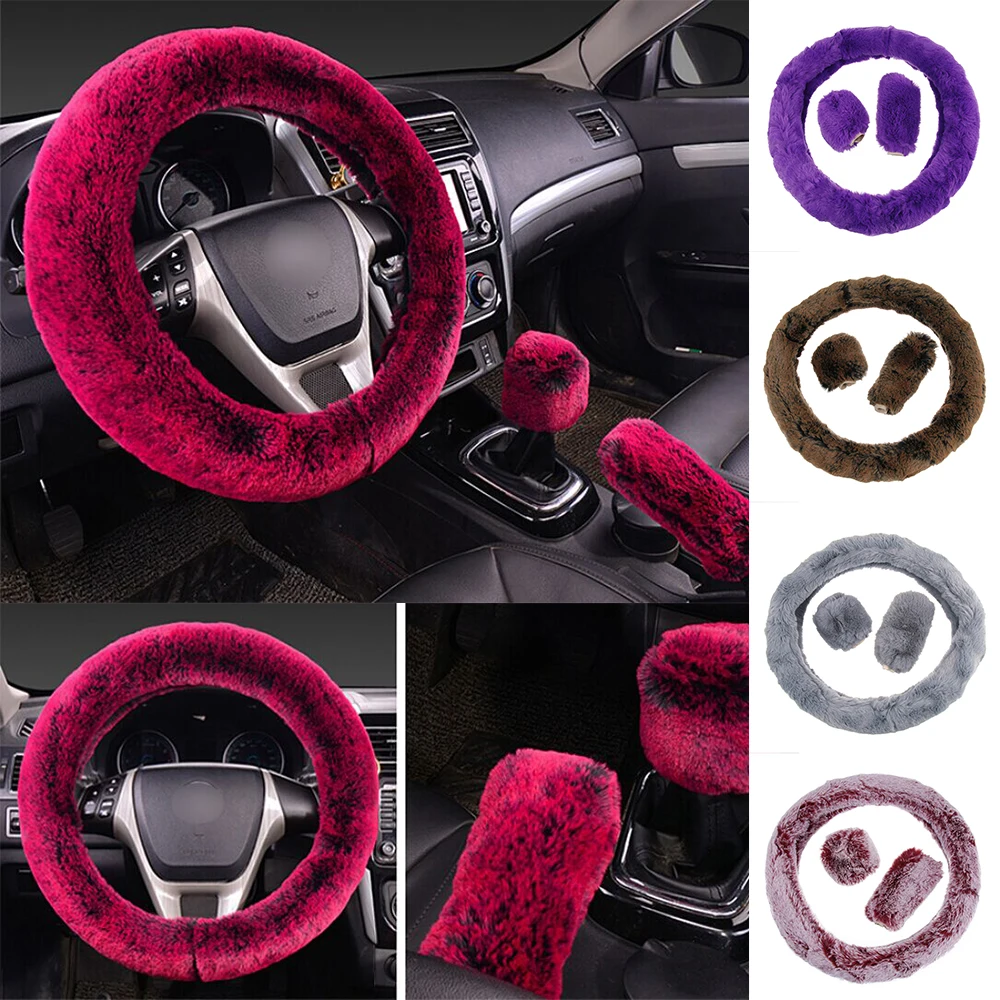 

3pcs/set Winter Car Steering-wheel Set Imitation Rex Rabbit Plush Fur Steering Wheel Cover Gear Shift Handbrake Cover Kit