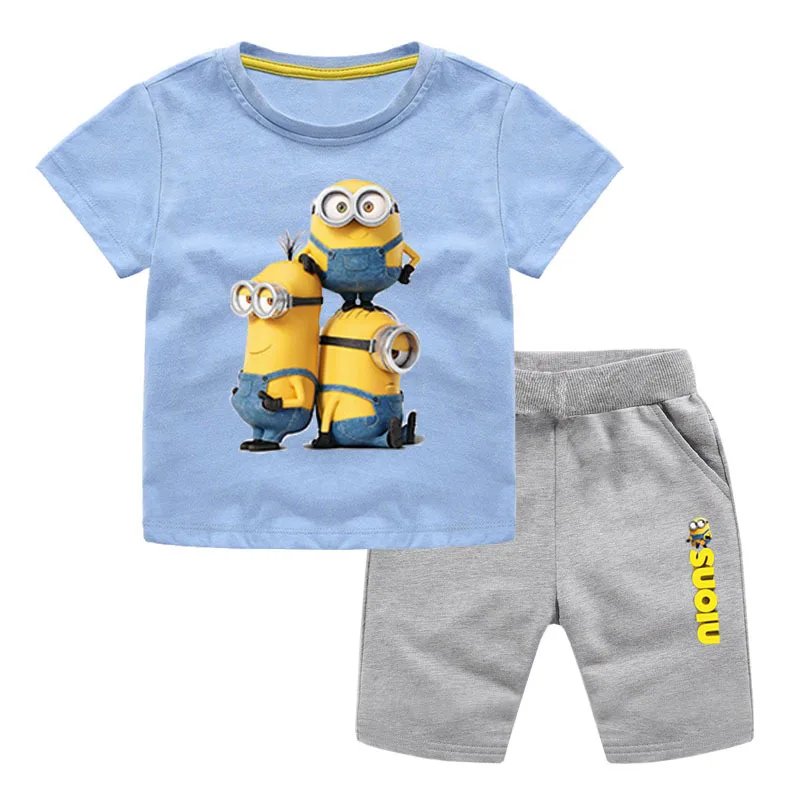 Комплекты одежды для мальчиков летние спортивные носки с изображением персонажей мультфильма, футболка, топ+ шорты, штаны, костюмы из хлопка для маленьких мальчиков Дети Костюмы Одежда От 1 до 8 лет - Цвет: Небесно-голубой
