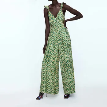 

Women Floral Print Wide Leg Jumpsuit Sleeveless Deep V Neck Spaghetti Strap Rompers Ruffles Summer High Waist Playsuit