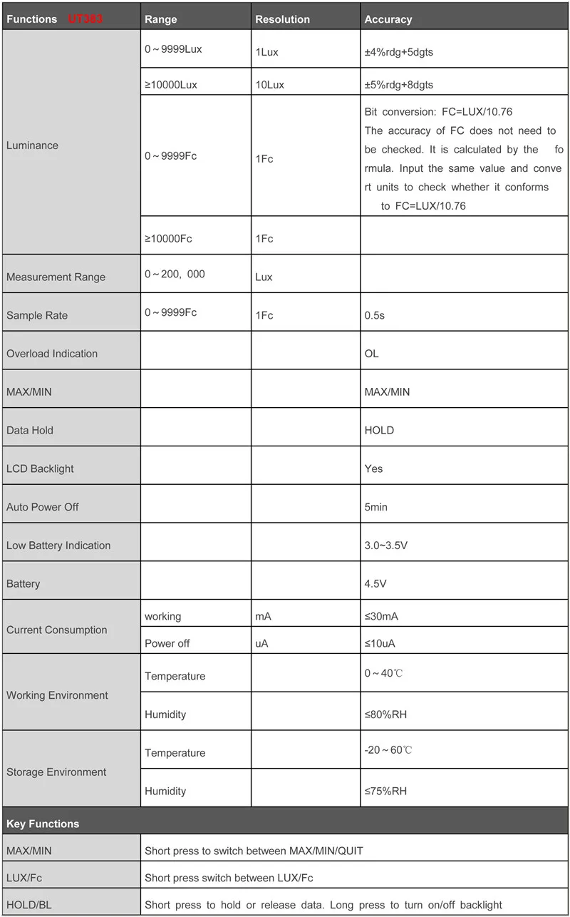 UNI-T UT383/UT383BT мини-светильник; промышленный/бытовой люксовый метр, ЖК-подсветка, индикация низкого заряда батареи