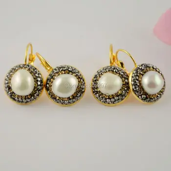 

5Pairs Fashion Gold Color Natural Pearl Earring Crystal Rhinestone Paved Fresh Water Round Earrings For Women