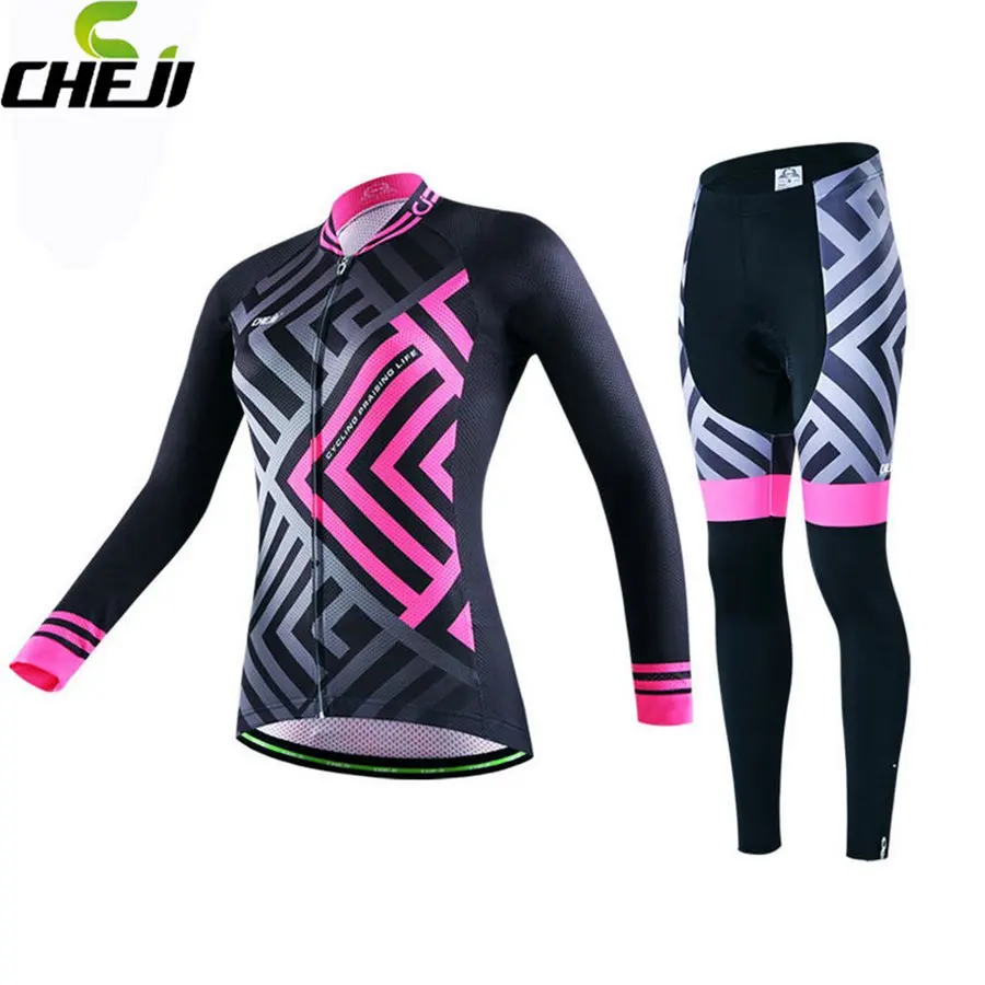 

CHEJI Women Cycling Jersey Ropa Ciclismo Long Sleeve GEL BIke Pad Pants Set S-XXL Quick-Dry