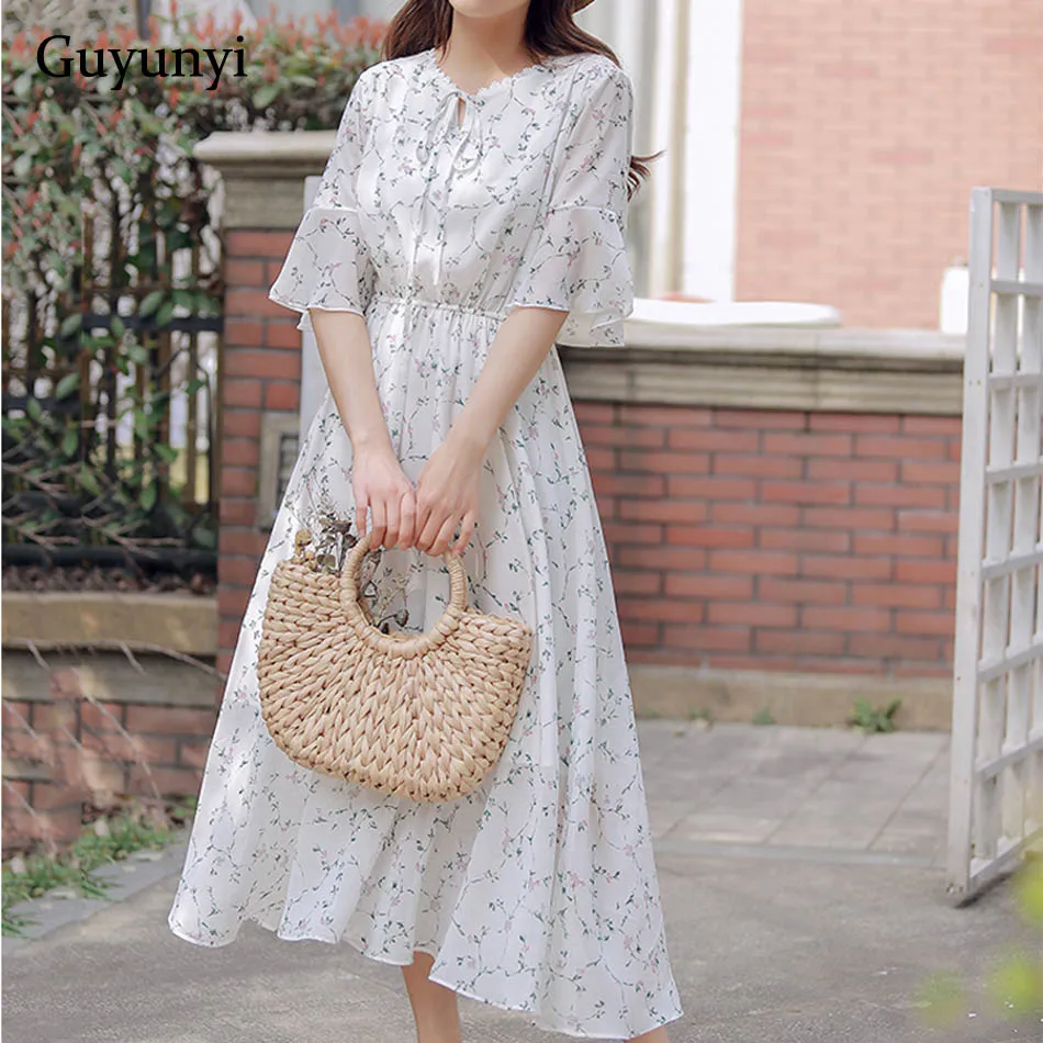 

Small Floral Bohemian Dress Lace V-Neck Flare Sleeve Mid-Calf High Waist Stretchable Elegant Summer Women's Chiffon Dress
