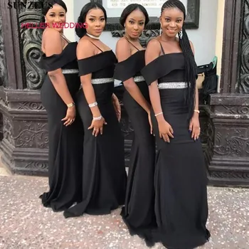 

African Bridesmaids Dresses For Women Spaghetti Straps Boat Neck Black Mermaid Bridesmaid Dress Robes Demoiselle Honneur