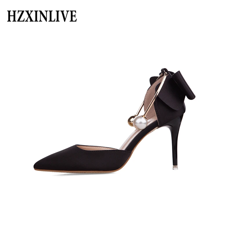 

HZXINLIVE High Heels Women's Shoes Pumps Women Sandals Pearl Thin Heels Red Sexy Ladies Shoes Bowknot Luxury Suede Footwear